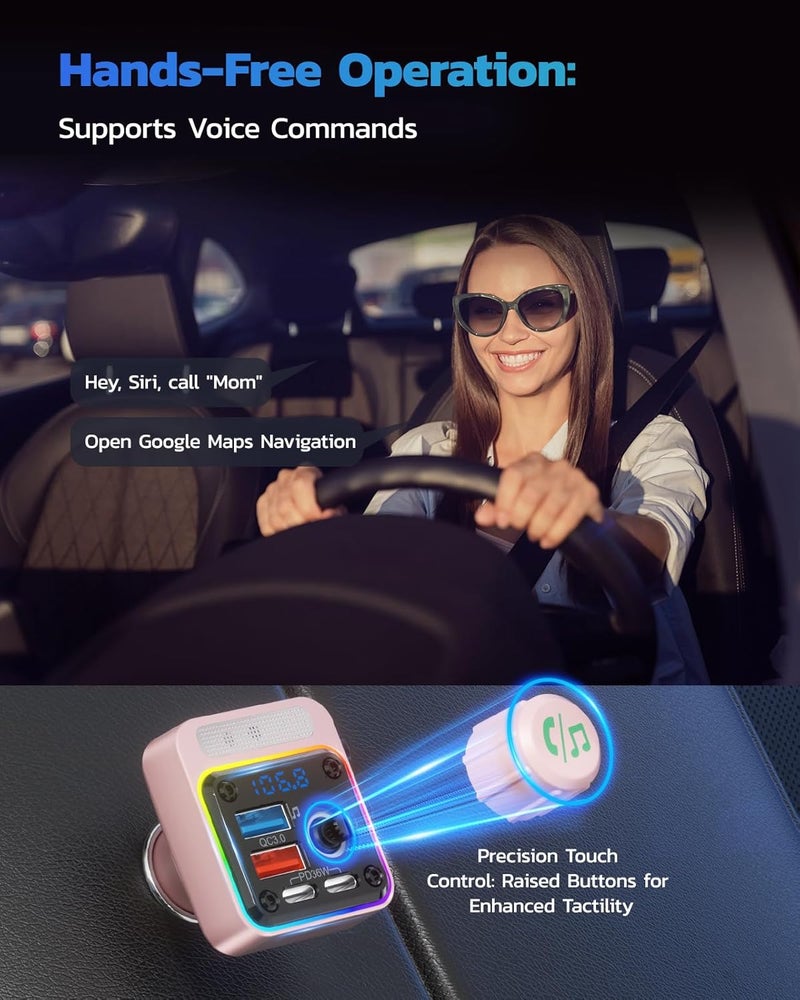 nulaxy 54W Bluetooth 5.3 Car Adapter with 4 Charging Ports [PD 36W & QC3.0 18W], Wireless Radio FM Transmitter with Deep Bass Player & 5 Colors LED Backlit, Hands-Free Calling - Pink - Image 5